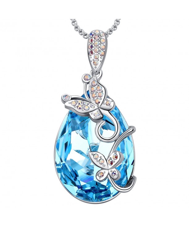 Aquamarine Butterfly Teardrop Pendant Women Necklace with Swarovski ...
